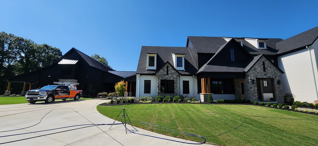 Professional post construction house wash on this beautiful home in Bells, Tennessee!